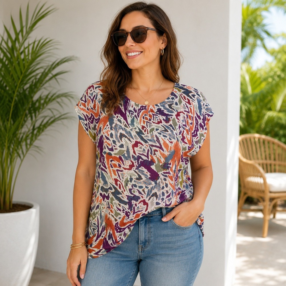 Nicole Miller New York XL Linen Knit Top Abstract Ikat Purple Orange Cap Sleeve
